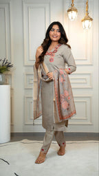Lorenvalley Fashion Grey Roman Silk Embroidery Multi with Sequence Work Kurta Pant with Dupatta | Grocsy