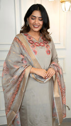 Lorenvalley Fashion Grey Roman Silk Embroidery Multi with Sequence Work Kurta Pant with Dupatta | Grocsy