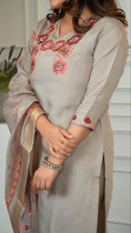 Lorenvalley Fashion Grey Roman Silk Embroidery Multi with Sequence Work Kurta Pant with Dupatta | Grocsy