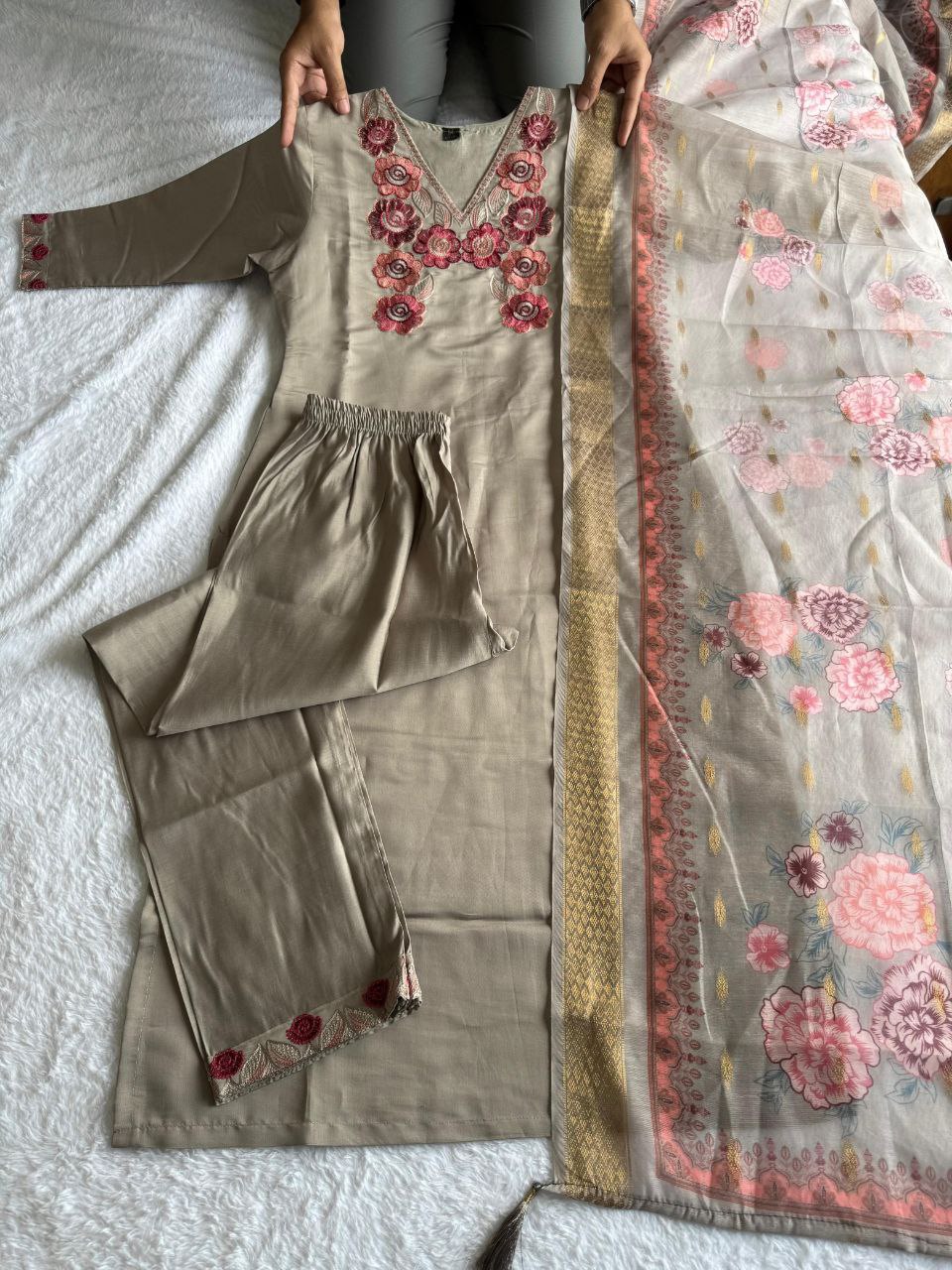 Lorenvalley Fashion Grey Roman Silk Embroidery Multi with Sequence Work Kurta Pant with Dupatta | Grocsy