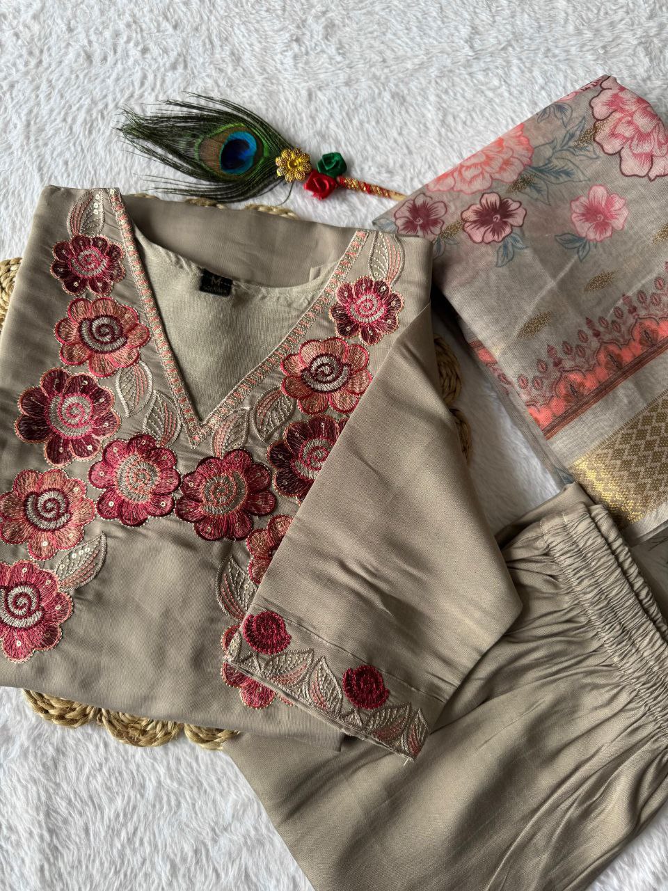 Lorenvalley Fashion Grey Roman Silk Embroidery Multi with Sequence Work Kurta Pant with Dupatta | Grocsy