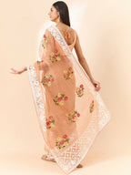 Peach Organza Floral Embroidered Saree with Unstitched Blouse Piece - Roozal | Grocsy