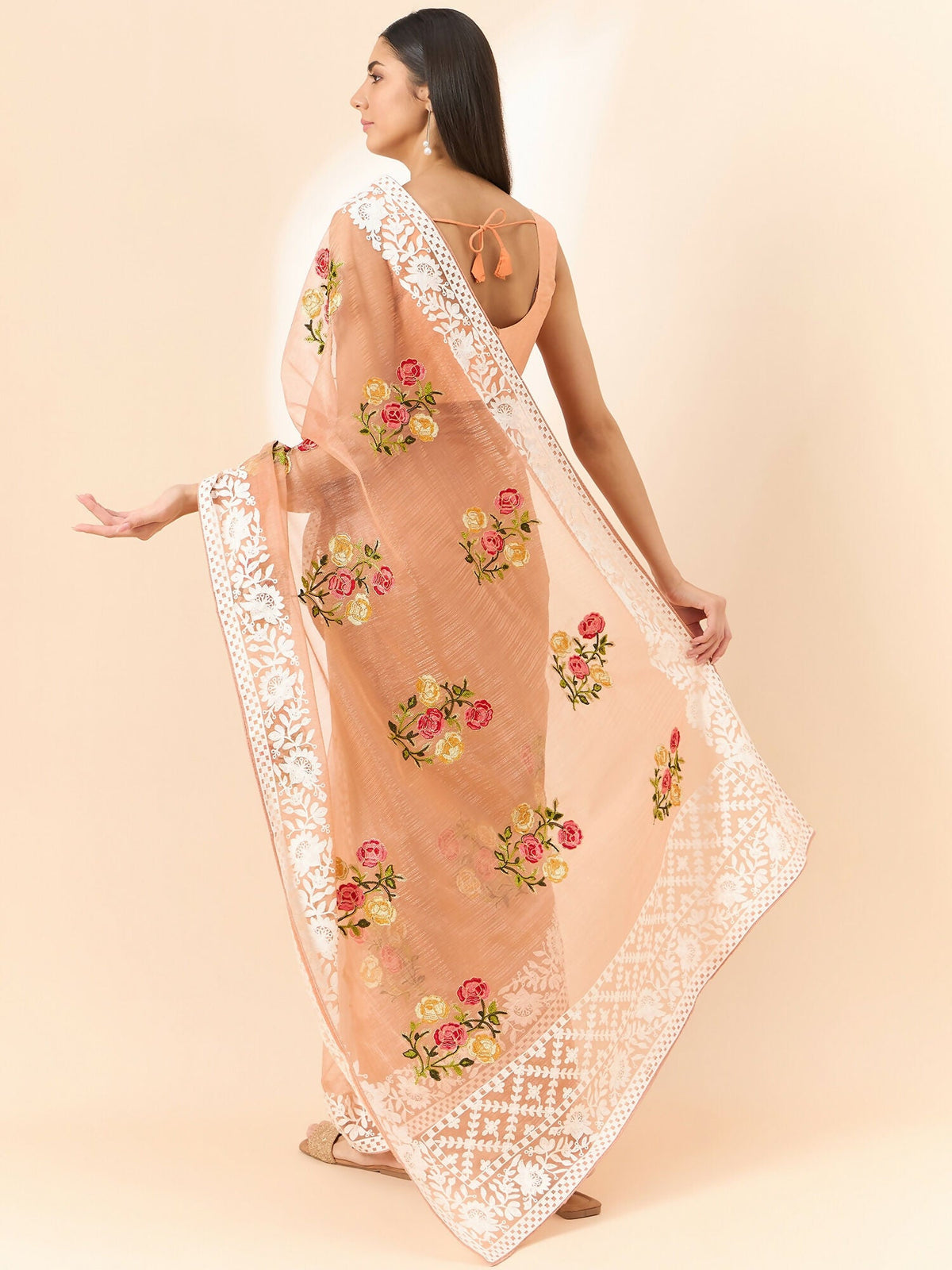 Peach Organza Floral Embroidered Saree with Unstitched Blouse Piece - Roozal | Grocsy