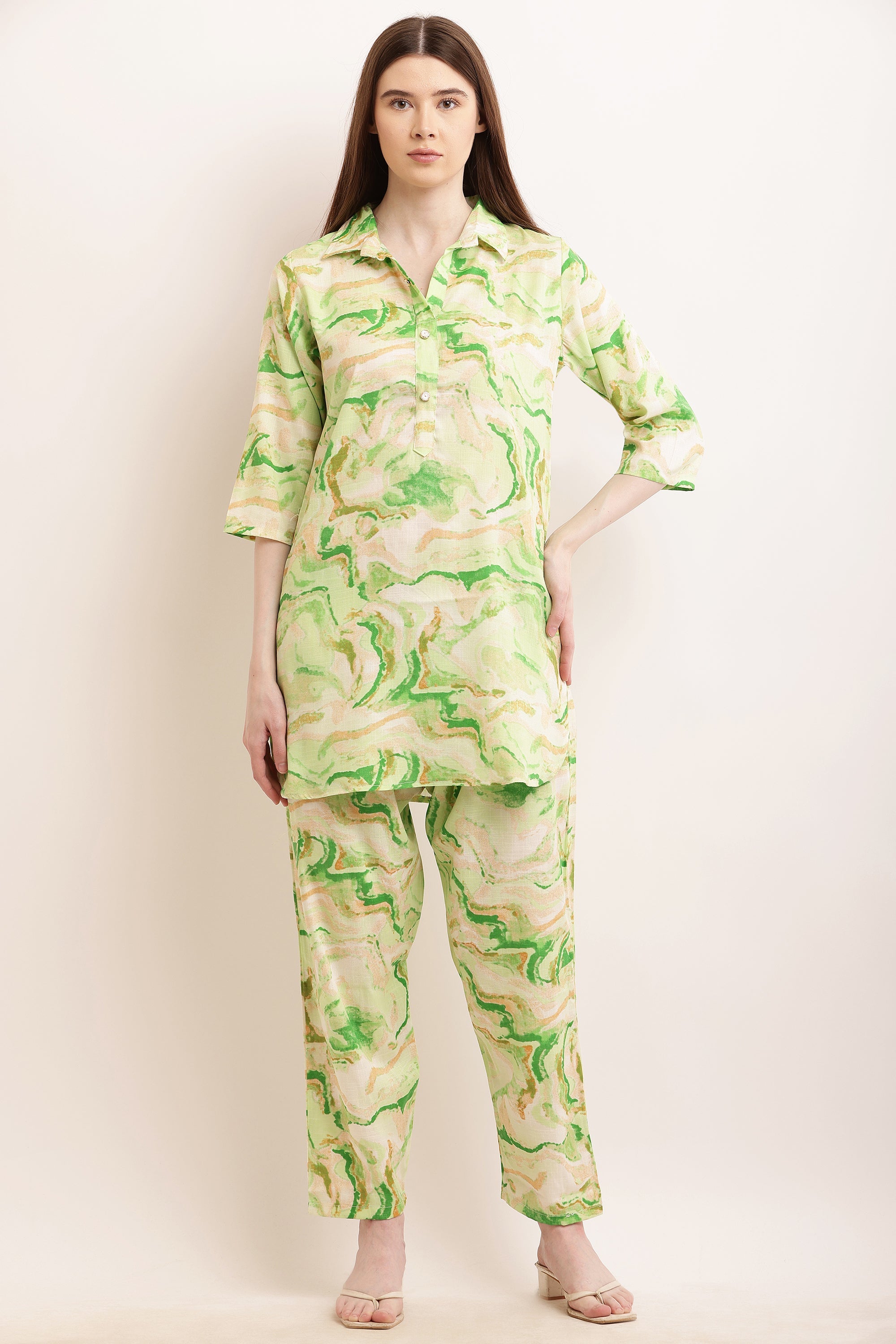 PAVONINE Green Color Ted-Dye Printed Cord Set For Women | Grocsy