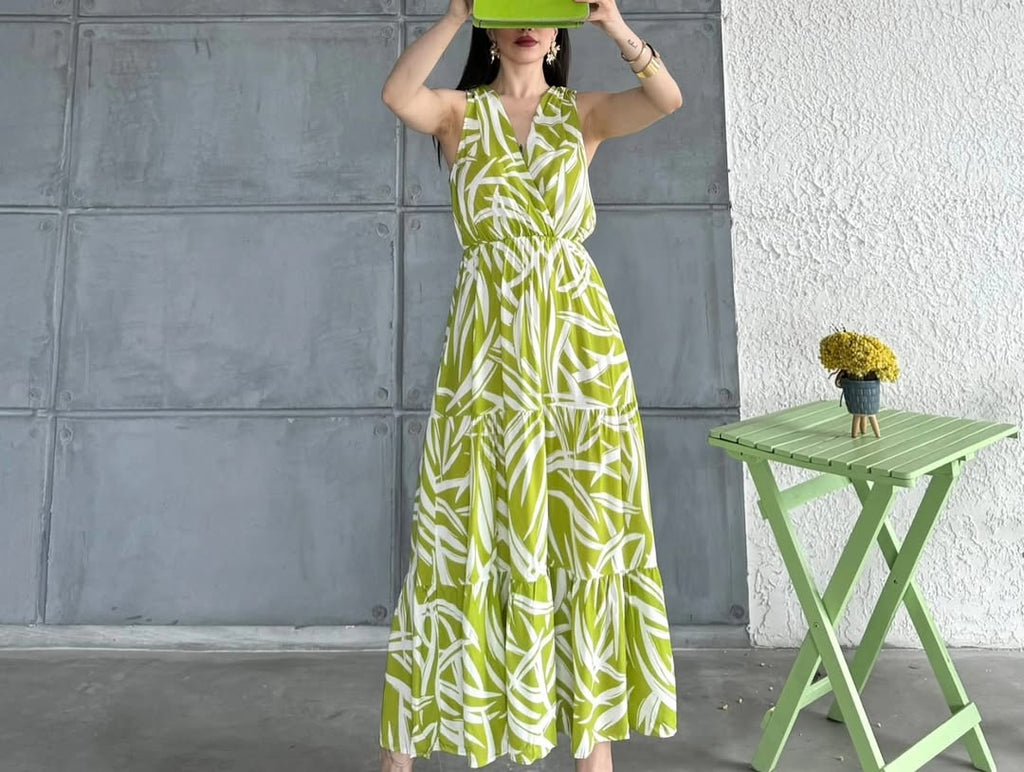 Pimu Viscose Patterned Summer Dress - Elastic Waist, V-Neck - Green | Grocsy