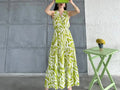 Pimu Viscose Patterned Summer Dress - Elastic Waist, V-Neck - Green | Grocsy