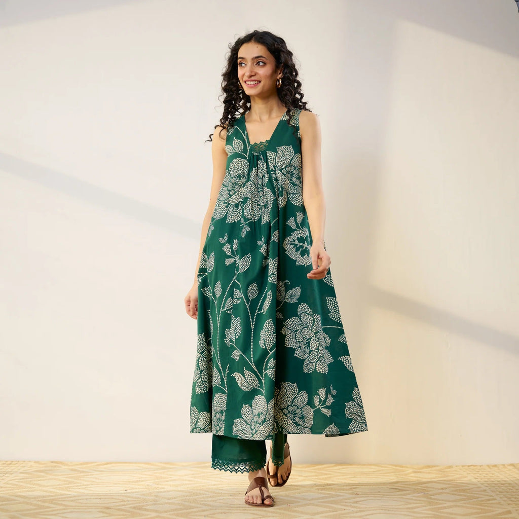 Pimu Women Floral Printed Pleated Pure Cotton Kurta with Palazzos-Green | Grocsy