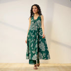 Pimu Women Floral Printed Pleated Pure Cotton Kurta with Palazzos-Green | Grocsy