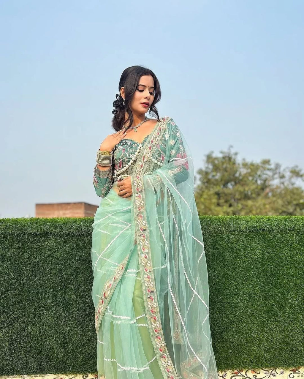 Teeya Creation Light Green Color Net Fabric Pearl Work Heavy Embroidery Work Saree | Grocsy