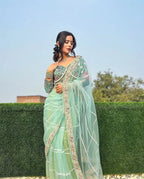 Teeya Creation Light Green Color Net Fabric Pearl Work Heavy Embroidery Work Saree | Grocsy