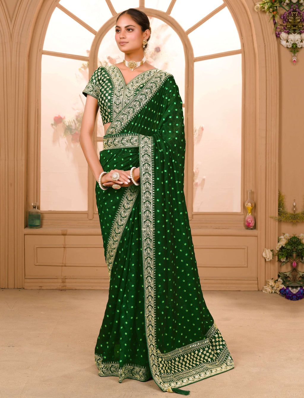 Teeya Creation Green Color Chinnon Silk Heavy Embroidery Work Saree | Grocsy