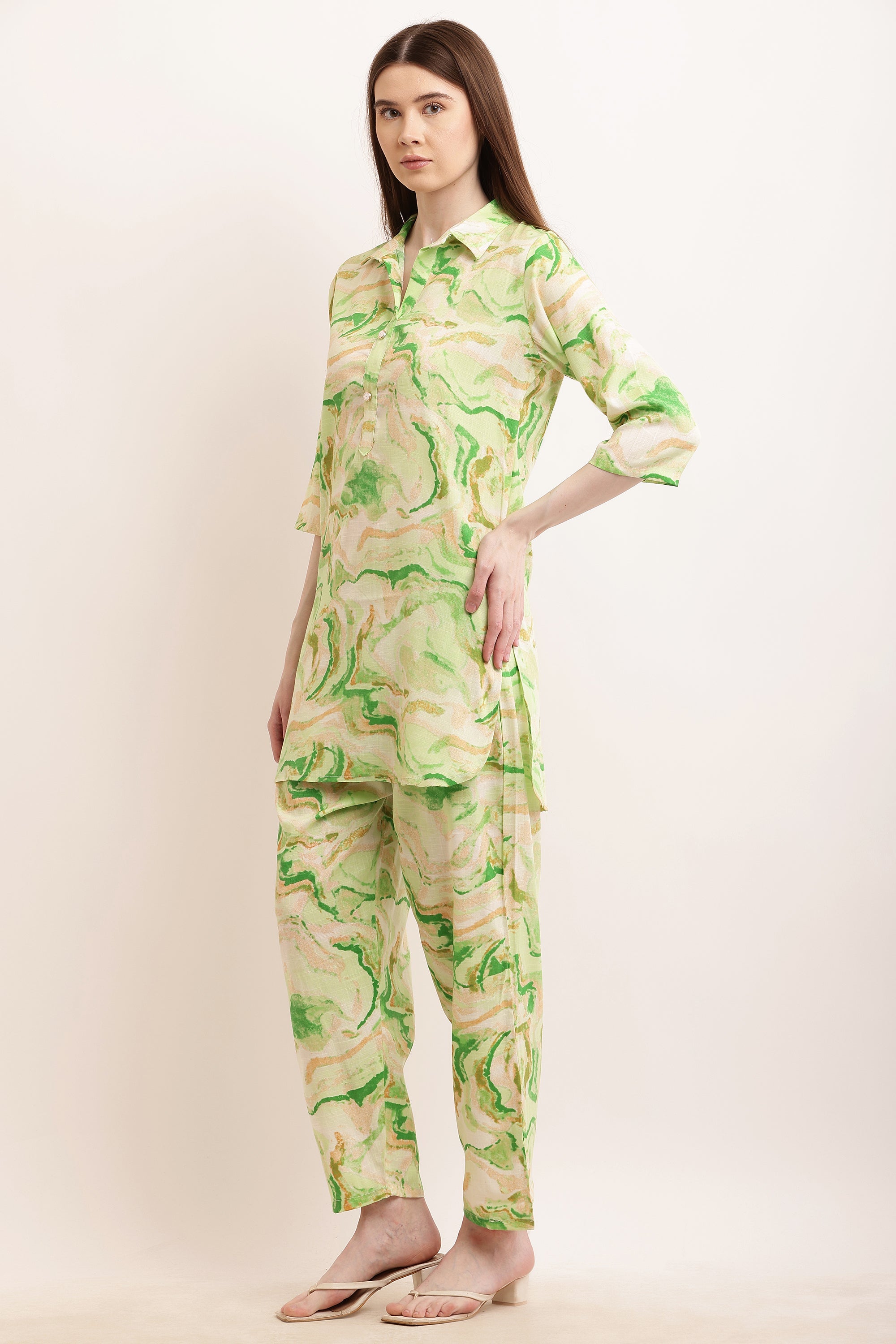 PAVONINE Green Color Ted-Dye Printed Cord Set For Women | Grocsy