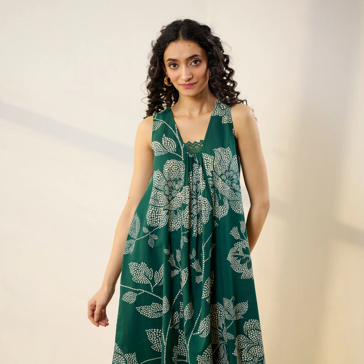 Pimu Women Floral Printed Pleated Pure Cotton Kurta with Palazzos-Green | Grocsy