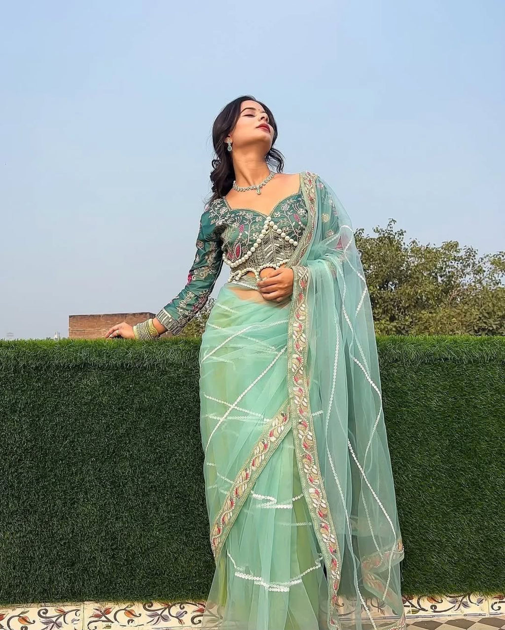 Teeya Creation Light Green Color Net Fabric Pearl Work Heavy Embroidery Work Saree | Grocsy