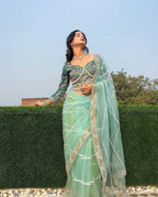 Teeya Creation Light Green Color Net Fabric Pearl Work Heavy Embroidery Work Saree | Grocsy