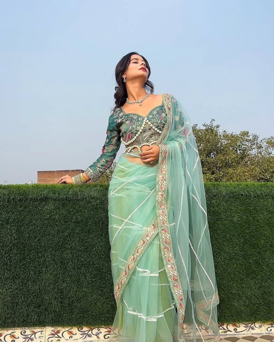 Teeya Creation Light Green Color Net Fabric Pearl Work Heavy Embroidery Work Saree | Grocsy