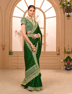 Teeya Creation Green Color Chinnon Silk Heavy Embroidery Work Saree | Grocsy