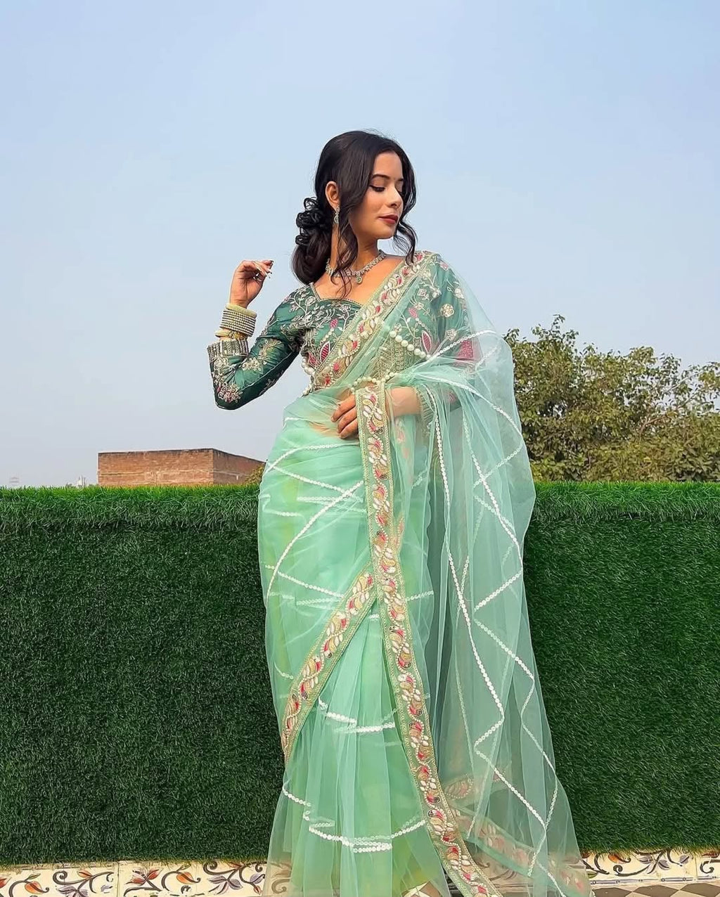 Teeya Creation Light Green Color Net Fabric Pearl Work Heavy Embroidery Work Saree | Grocsy