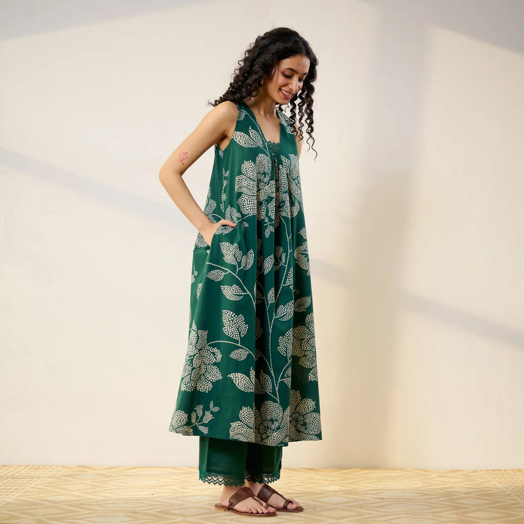 Pimu Women Floral Printed Pleated Pure Cotton Kurta with Palazzos-Green | Grocsy