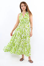 Pimu Viscose Patterned Summer Dress - Elastic Waist, V-Neck - Green | Grocsy