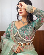 Teeya Creation Light Green Color Net Fabric Pearl Work Heavy Embroidery Work Saree | Grocsy