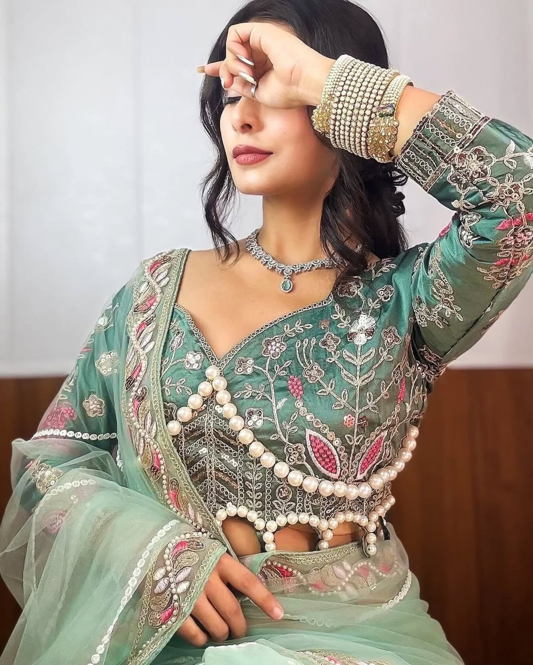 Teeya Creation Light Green Color Net Fabric Pearl Work Heavy Embroidery Work Saree | Grocsy