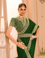 Teeya Creation Green Color Chinnon Silk Heavy Embroidery Work Saree | Grocsy