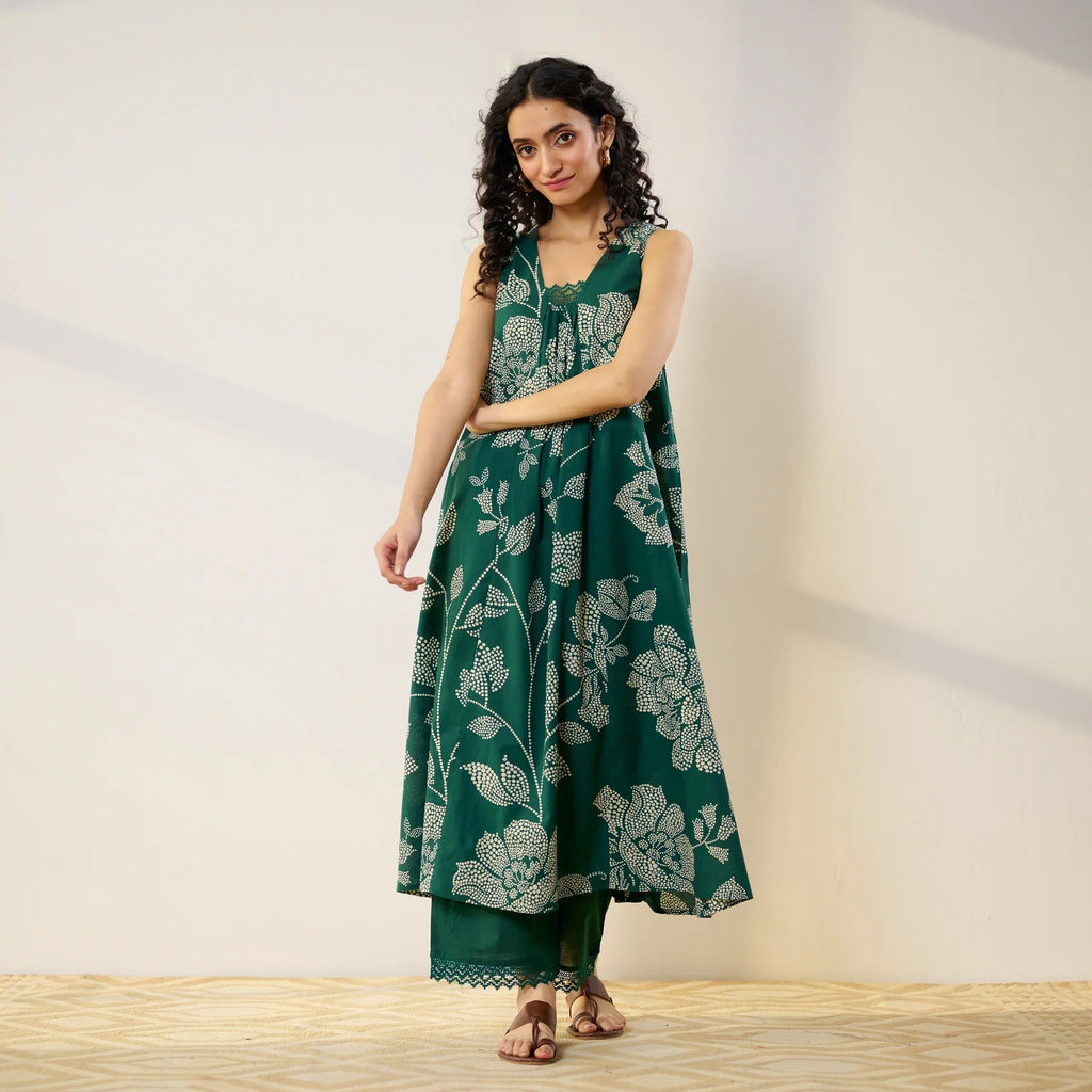 Pimu Women Floral Printed Pleated Pure Cotton Kurta with Palazzos-Green | Grocsy