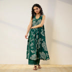 Pimu Women Floral Printed Pleated Pure Cotton Kurta with Palazzos-Green | Grocsy
