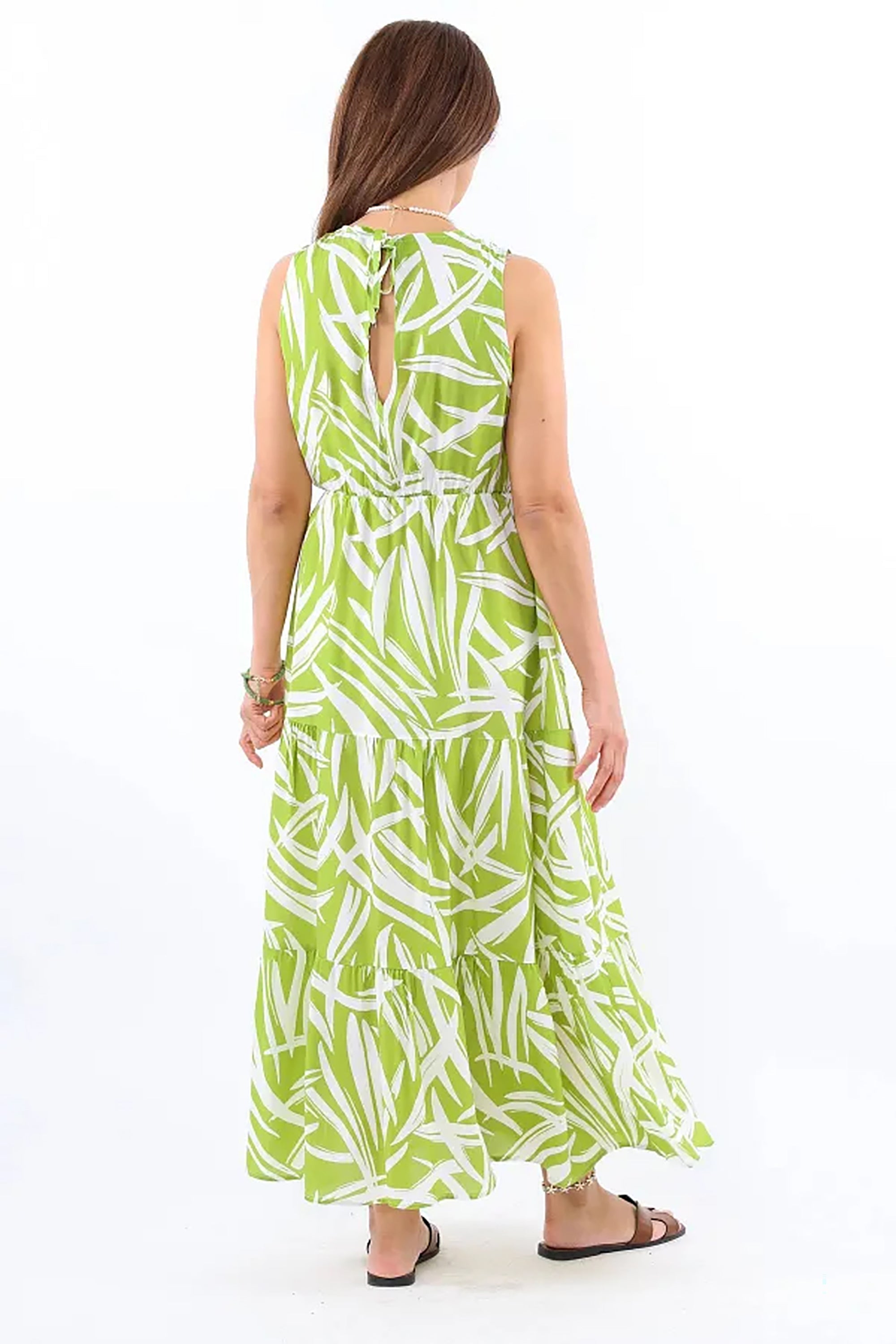 Pimu Viscose Patterned Summer Dress - Elastic Waist, V-Neck - Green | Grocsy
