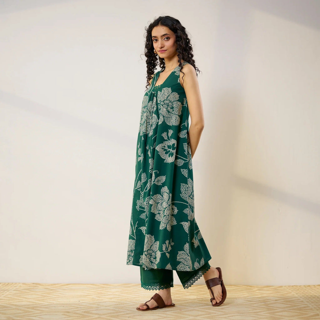 Pimu Women Floral Printed Pleated Pure Cotton Kurta with Palazzos-Green | Grocsy