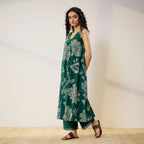 Pimu Women Floral Printed Pleated Pure Cotton Kurta with Palazzos-Green | Grocsy