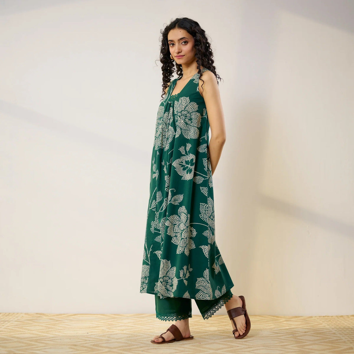 Pimu Women Floral Printed Pleated Pure Cotton Kurta with Palazzos-Green | Grocsy