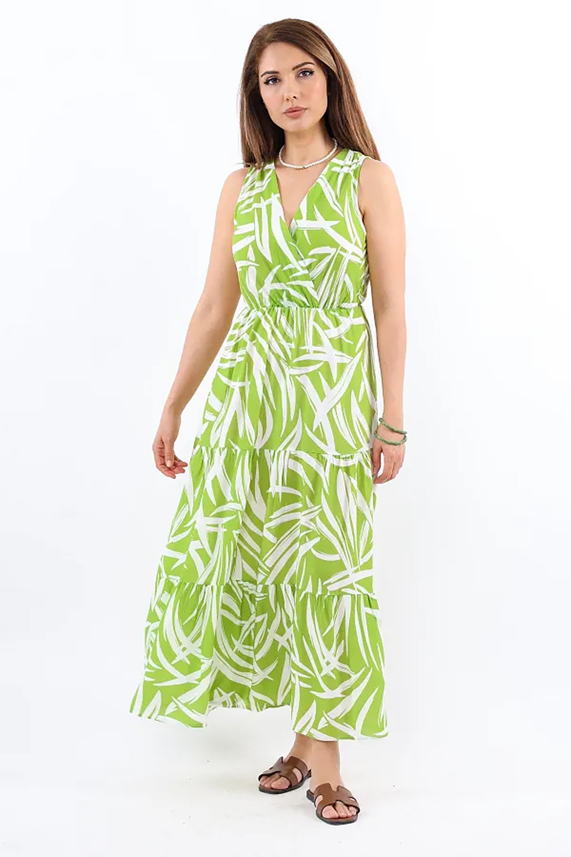 Pimu Viscose Patterned Summer Dress - Elastic Waist, V-Neck - Green | Grocsy