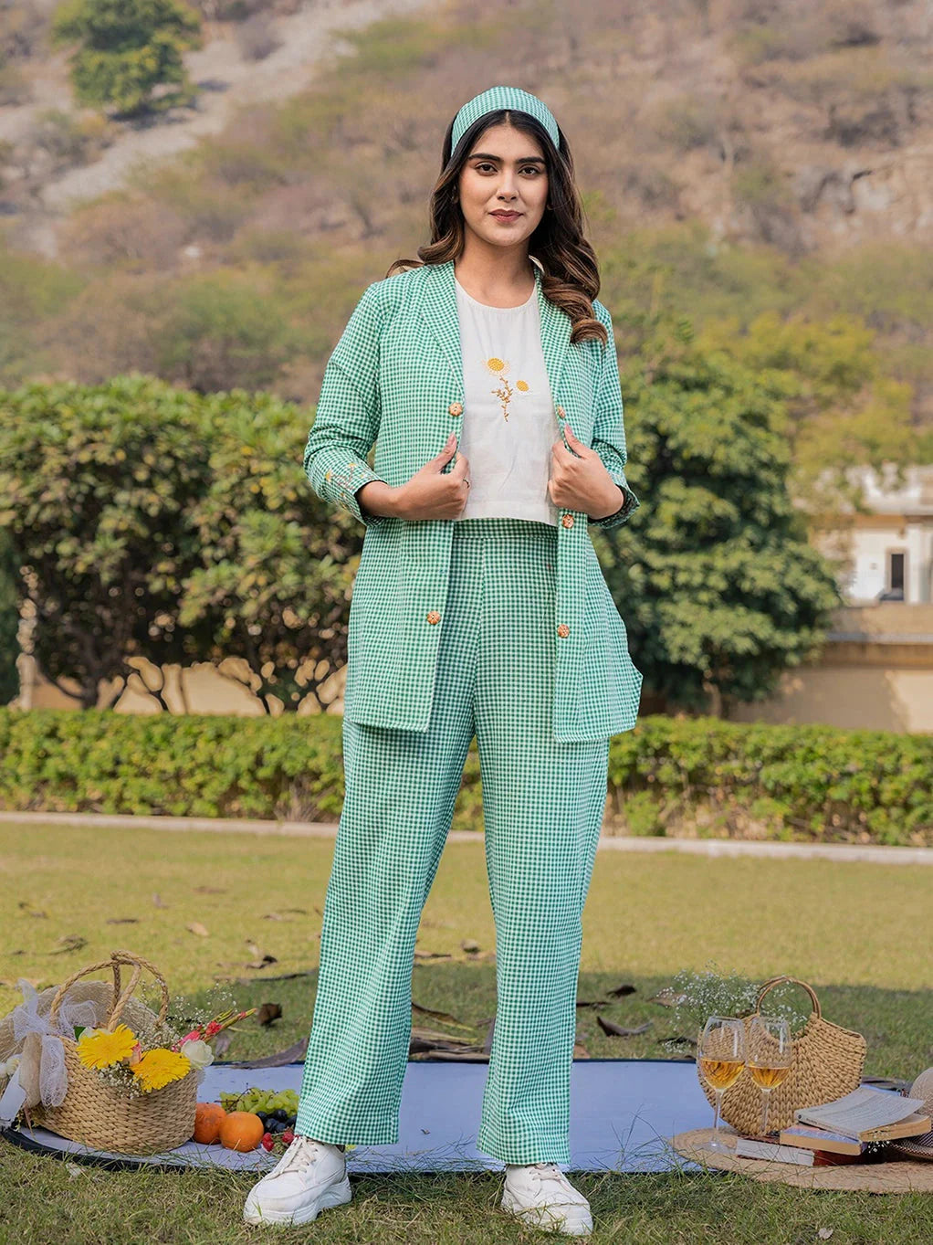 Yufta Green Cotton Checks Print Co Ord Set With Embroidery | Grocsy