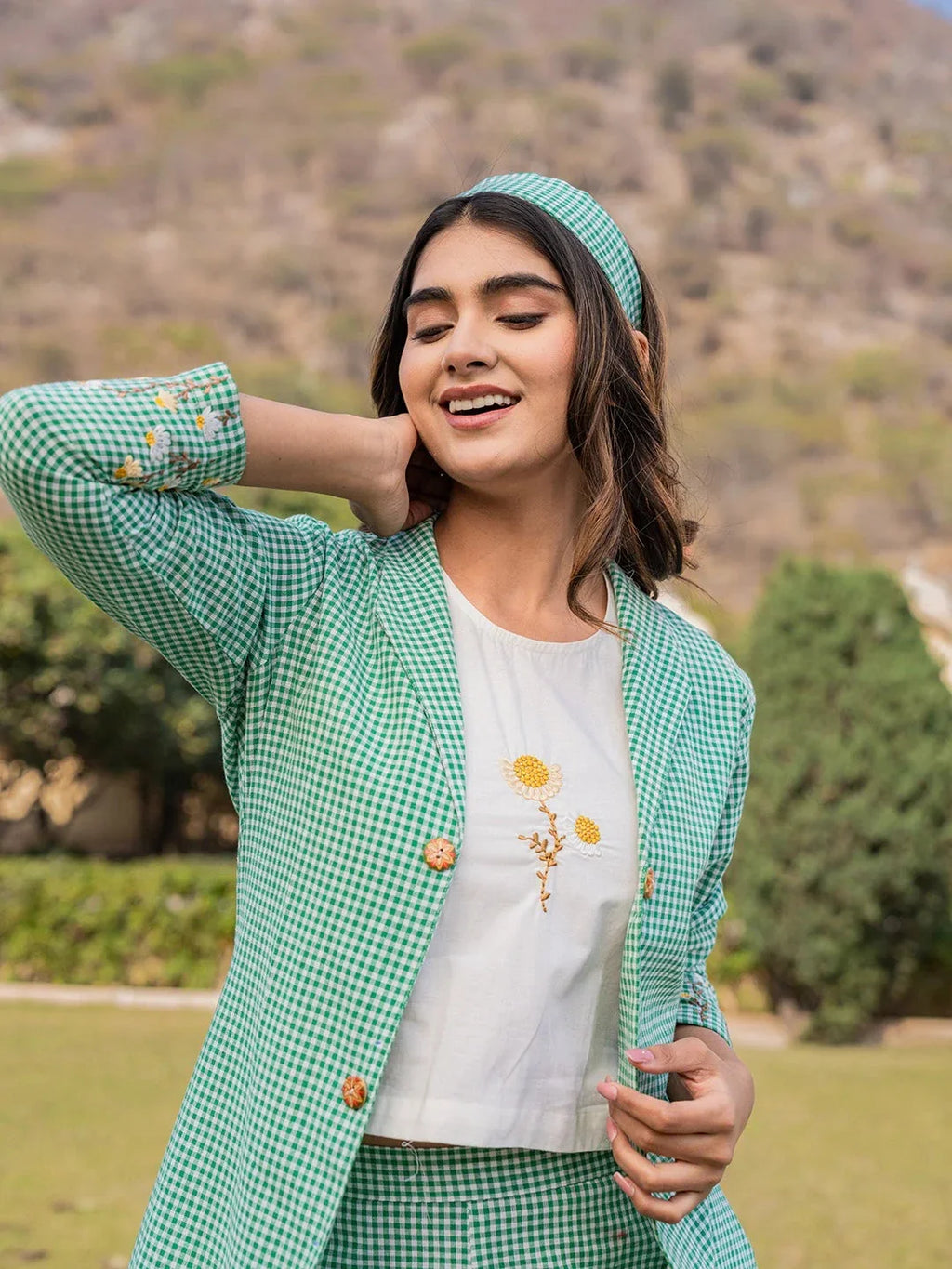 Yufta Green Cotton Checks Print Co Ord Set With Embroidery | Grocsy