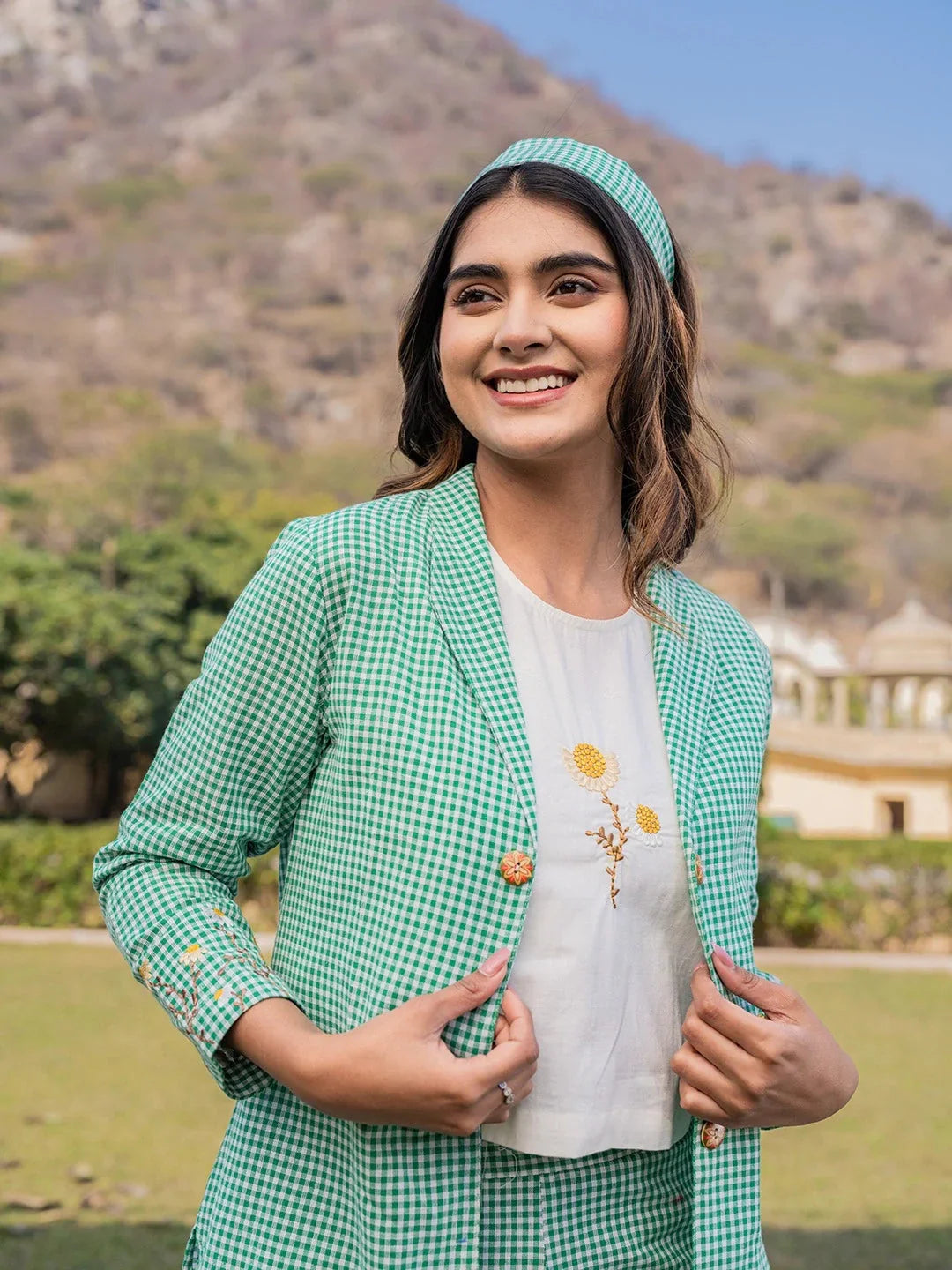 Yufta Green Cotton Checks Print Co Ord Set With Embroidery | Grocsy