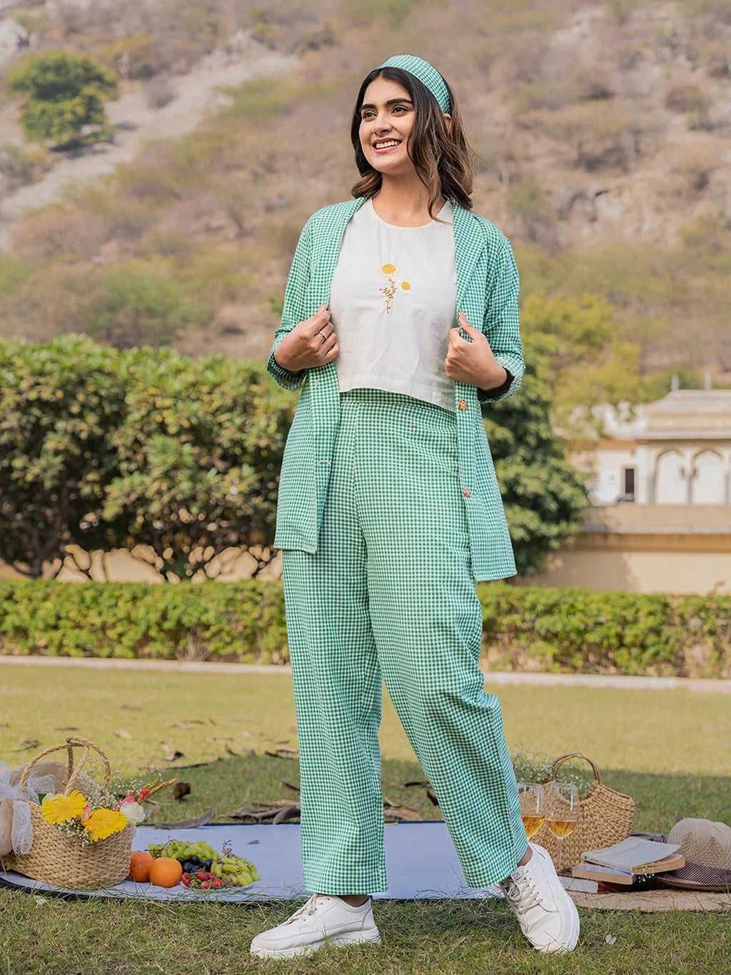 Yufta Green Cotton Checks Print Co Ord Set With Embroidery | Grocsy