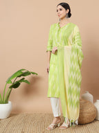 Yufta Green Cotton Ikat Kurta Dupatta Set | Grocsy