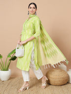 Yufta Green Cotton Ikat Kurta Dupatta Set | Grocsy