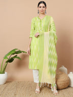 Yufta Green Cotton Ikat Kurta Dupatta Set | Grocsy