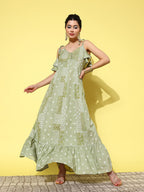 Yufta Green Ethnic Motifs Print Cotton A-Line Maxi Dress | Grocsy