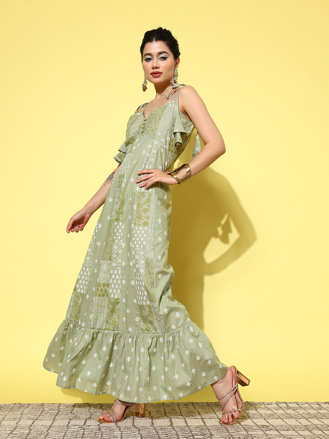 Yufta Green Ethnic Motifs Print Cotton A-Line Maxi Dress | Grocsy