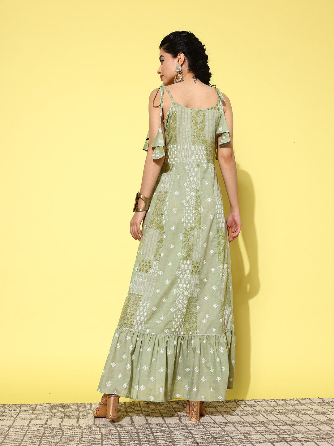 Yufta Green Ethnic Motifs Print Cotton A-Line Maxi Dress | Grocsy