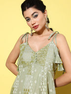 Yufta Green Ethnic Motifs Print Cotton A-Line Maxi Dress | Grocsy