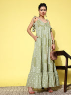 Yufta Green Ethnic Motifs Print Cotton A-Line Maxi Dress | Grocsy