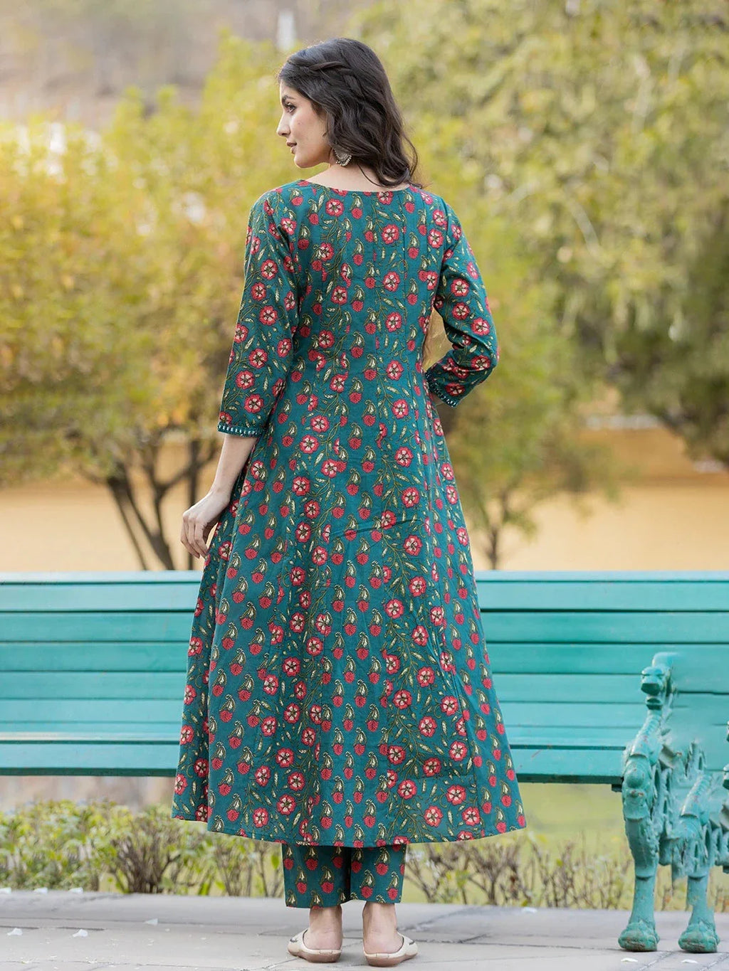 Yufta Green Floral Print Mirror_Work Anarkali Kurta Trouser And Dupatta Set | Grocsy
