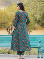 Yufta Green Floral Print Mirror_Work Anarkali Kurta Trouser And Dupatta Set | Grocsy