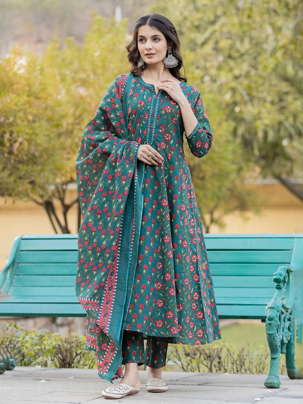 Yufta Green Floral Print Mirror_Work Anarkali Kurta Trouser And Dupatta Set | Grocsy