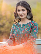 Yufta Green Floral Print Mirror_Work Anarkali Kurta Trouser And Dupatta Set | Grocsy